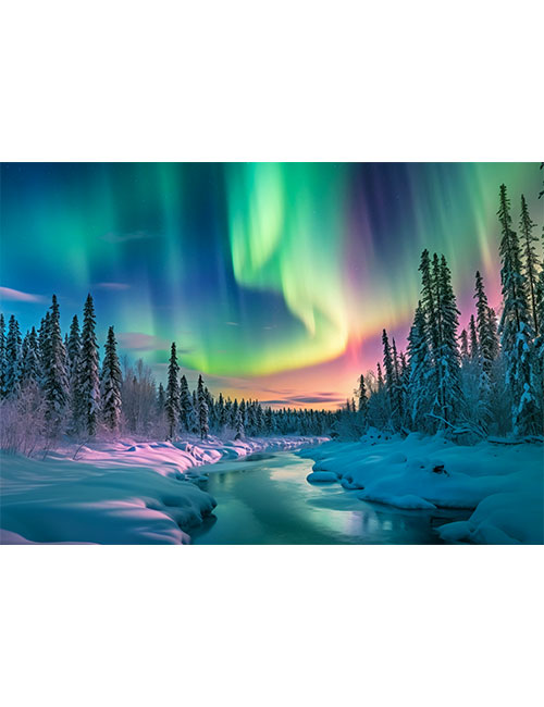 Puzzle 1000 micro tessere aurora boreale su bosco innevato